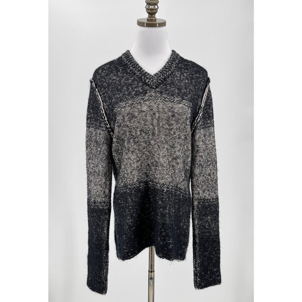 Isabel Benenato Black Gray Striped Wool Mohair Chunky Knit V Neck Sweater Sz M